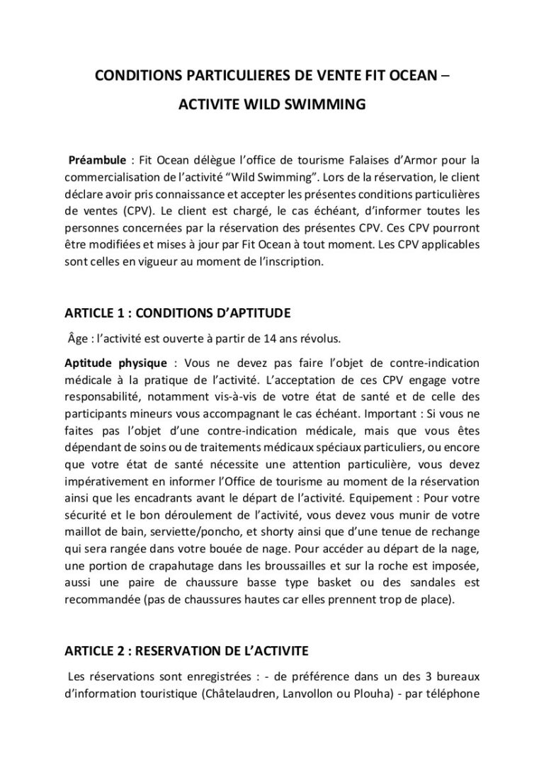 Conditions Particulières de Vente-Wild Swimming